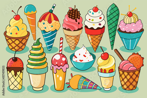 Ice cream sundae with a cherry on top, served in a glass bowl, surrounded by colorful toppings and a spoon.