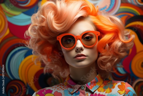 Vibrant Fashion Model with Curly Orange Hair and Floral Shirt
