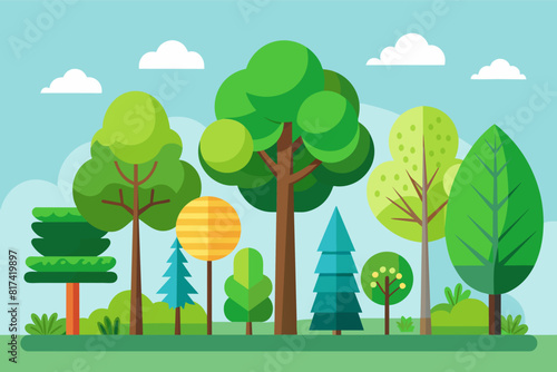 A serene forest scene with tall trees and lush bushes in a vector illustration.