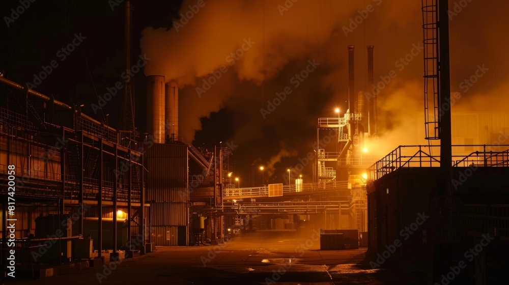A night shot of an industrial area illuminated by the bright orange glow of several industrial steam boilers working hard. A night shot of an industrial area illuminated by the bright orange glow of several industrial steam boilers working hard.