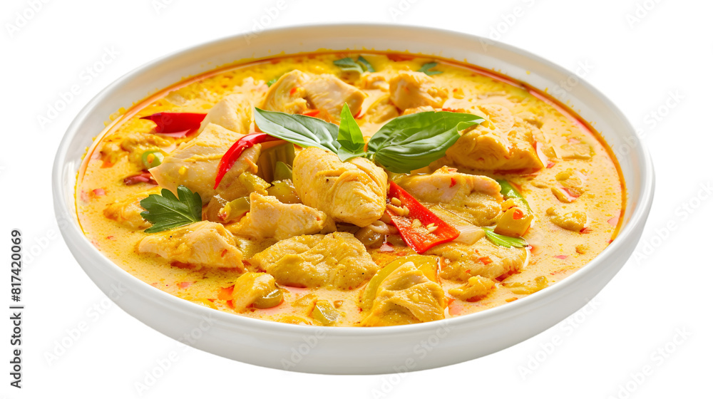 Yellow curry in a round dish, featuring chicken and vegetables, transparent background Yellow curry in a round dish, featuring chicken and vegetables, transparent background