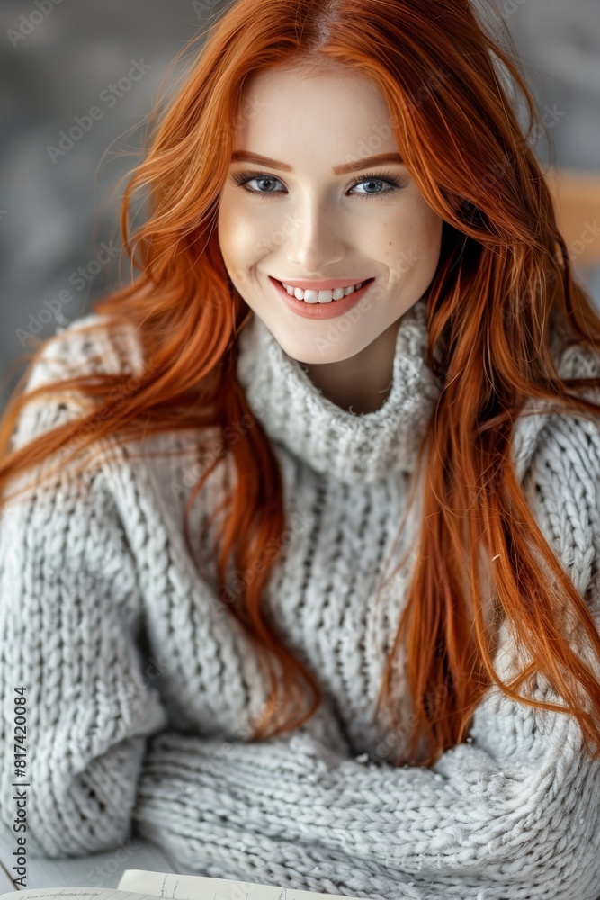 Joyful woman studying online at home, smiling while using laptop and notebook at desk Joyful woman studying online at home, smiling while using laptop and notebook at desk