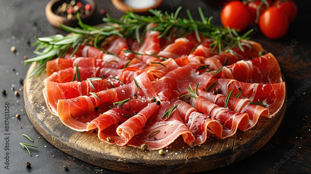 Slices of prosciutto di parma or jamon serrano (iberico) on a dark cutting board. Slices of prosciutto di parma or jamon serrano (iberico) on a dark cutting board.