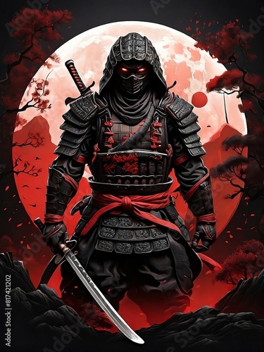 Illustration of a ninja samurai with an red moon as a background and a bit of dark felling with red eyes