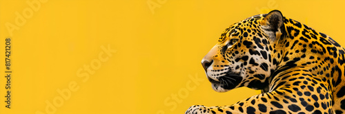 Majestic jaguar web banner. Regal jaguar captured in all its glory  isolated on yellow background with space for text.