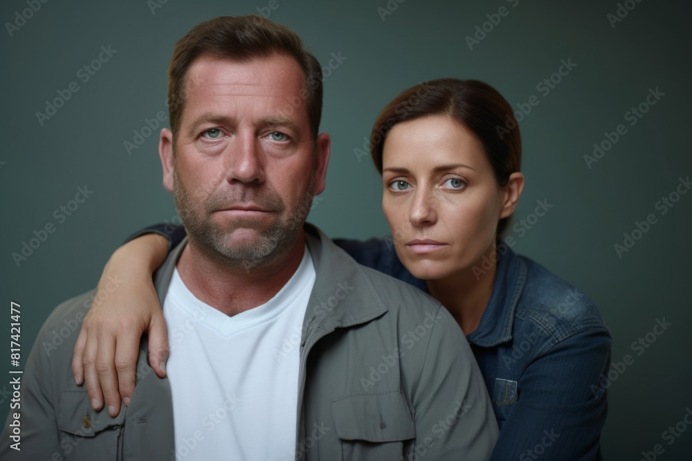 mid adult man with female hand on shoulder mid adult man with female hand on shoulder