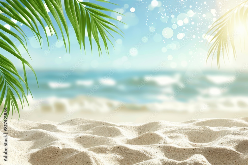 Tropical beach scene green palm leaf with sunlight bokeh on wave abstract background Tropical beach scene green palm leaf with sunlight bokeh on wave abstract background