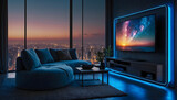 Modern smart home design with monitor screen and blue neon lights.