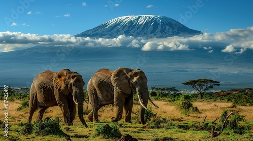 elephants in front of kilimanjaro  mountain background  landscape