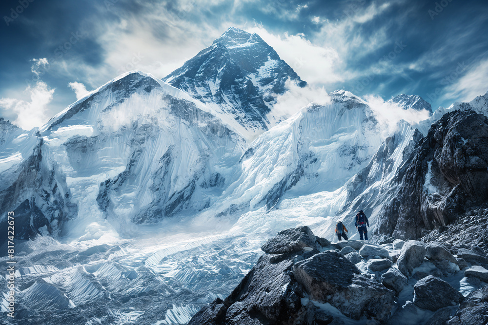 Obraz premium Climber ascends a rocky path towards a towering, snow-covered peak under a dramatic blue sky with wispy clouds