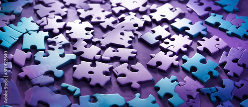 Blue and purple colored 3D-rendered puzzle pieces scattered on a vibrant purple background