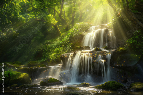 A mystical forest waterfall cascading over moss-covered rocks, with sunlight filtering through the dense canopy of trees, casting enchanting rays of light on the shimmering waters below