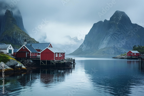 Serene fjord landscape with traditional norwegian rorbuer photo