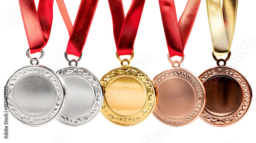 real Gold, silver and bronze medals hanging on red ribbons isolated on white background.
