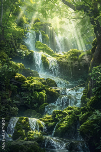 A mystical forest waterfall cascading over moss-covered rocks  with sunlight filtering through the dense canopy of trees  casting enchanting rays of light on the shimmering waters below