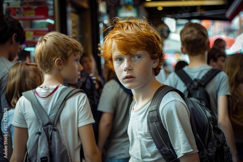 Redhead boy with freckles on his face looking at the camera while walking in the city