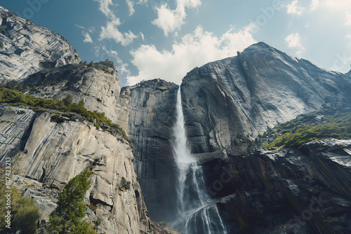 Majestic waterfall cascading down granite cliffs