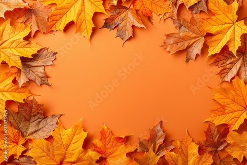 Autumn leaves on orange background with ample space for text placement  top view composition