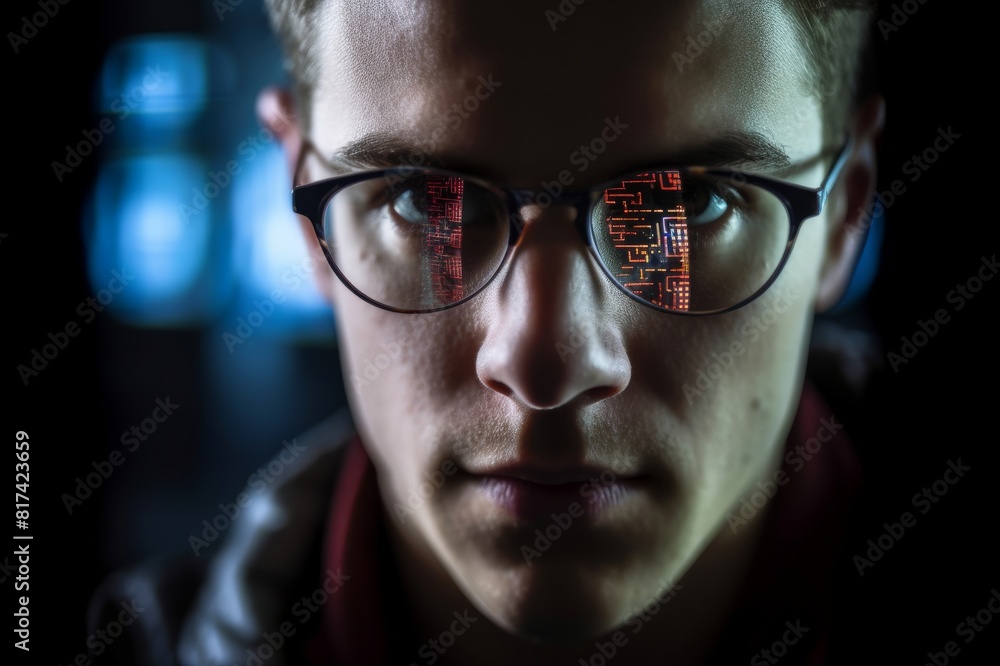 Portait of young hacker with computer screen reflecting in the man's glasses Portait of young hacker with computer screen reflecting in the man's glasses