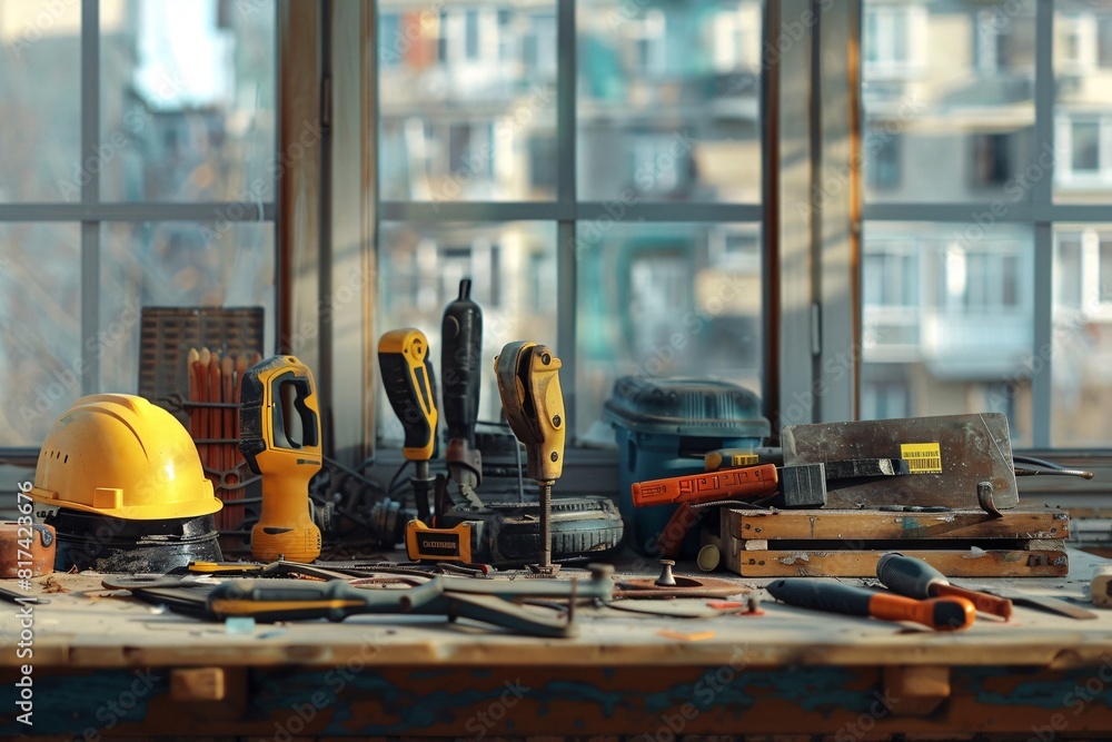 Various tools neatly arranged on a wooden table in front of a window, casting shadows on the surface Various tools neatly arranged on a wooden table in front of a window, casting shadows on the surface