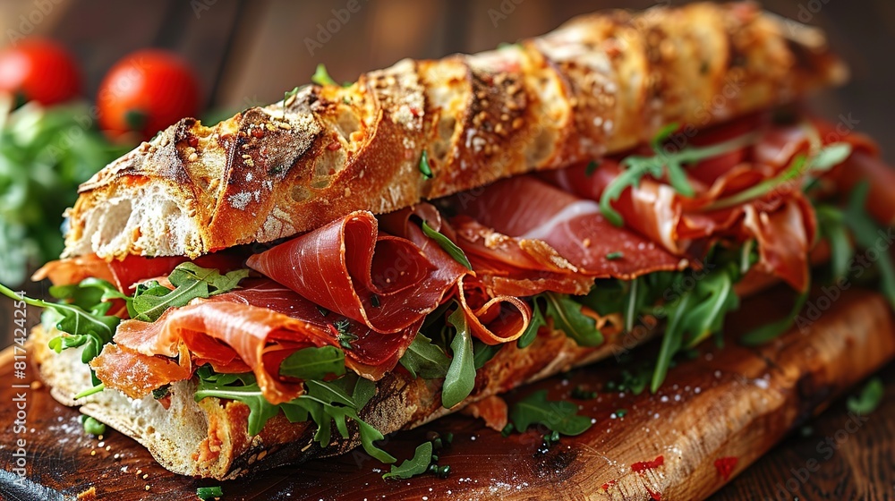 Homemade Italian Sub Sandwich with prosciutto or jamon, Tomato, and Lettuce Homemade Italian Sub Sandwich with prosciutto or jamon, Tomato, and Lettuce