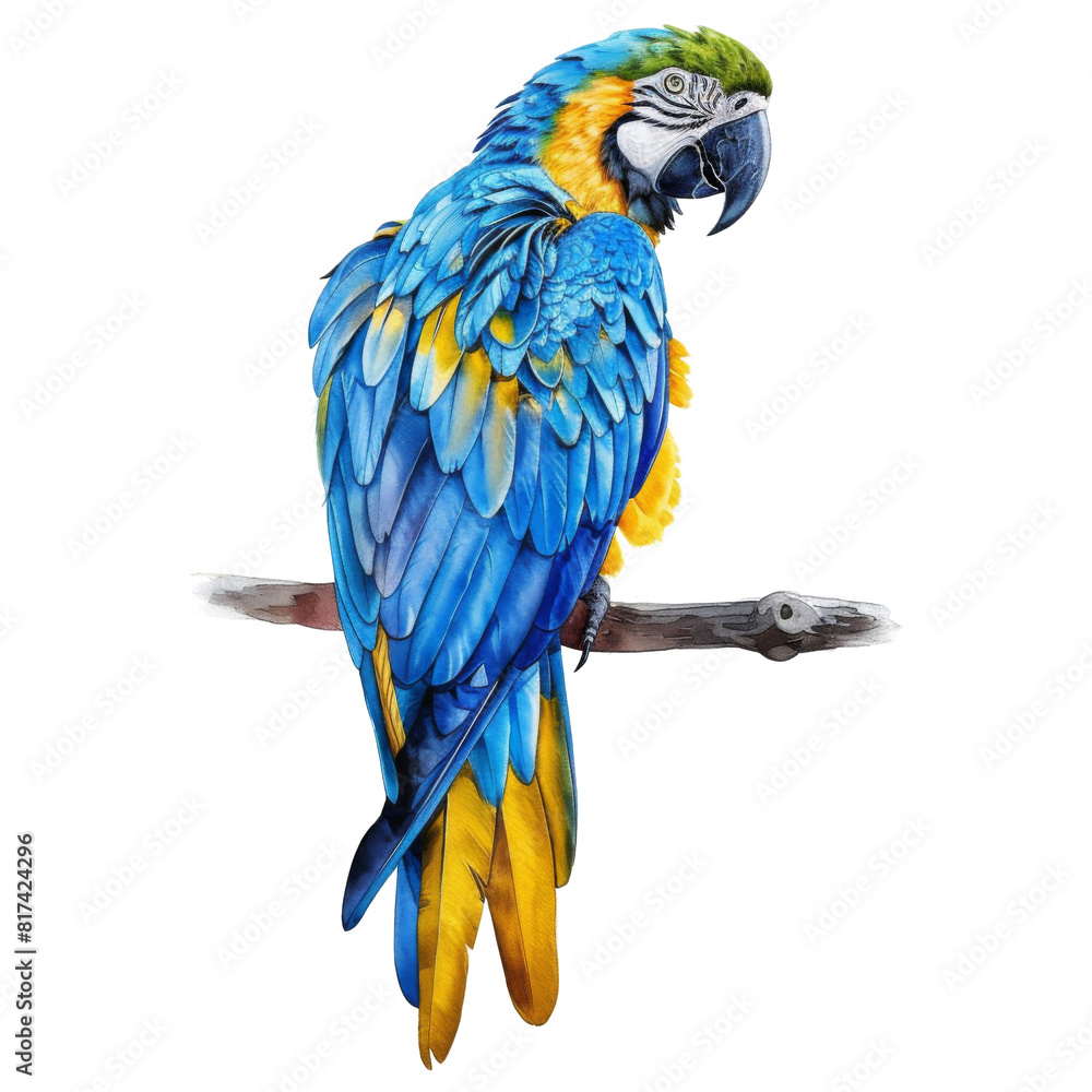 Fototapeta premium Blue and Gold Macaw, Bird Illustration. Watercolor Style. AI Generated
