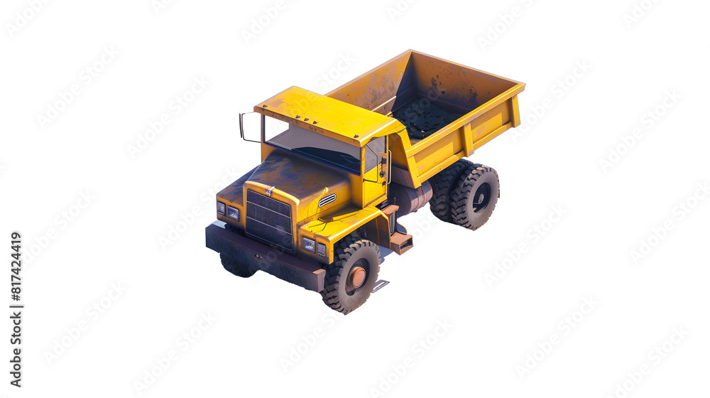 Visualize an image of an isolated yellow dump truck with its shadow cast on a clean white background Visualize an image of an isolated yellow dump truck with its shadow cast on a clean white background