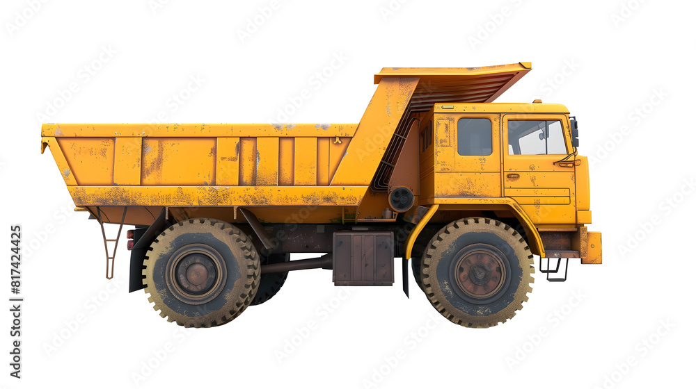 Visualize an image of an isolated yellow dump truck with its shadow cast on a clean white background Visualize an image of an isolated yellow dump truck with its shadow cast on a clean white background
