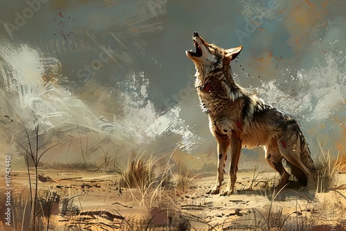 mournful coyote howling in desolate landscape echoing cry digital painting photo