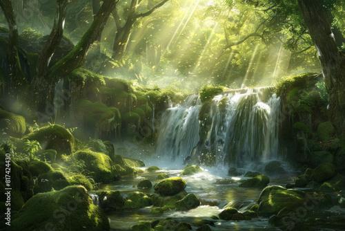 A mystical forest waterfall cascading over moss-covered rocks  with sunlight filtering through the dense canopy of trees  casting enchanting rays of light on the shimmering waters below