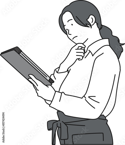 タブレットを見ながら考え込むアジア人の女性イラスト