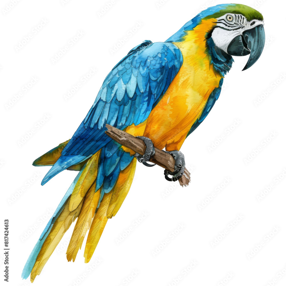 Fototapeta premium Blue and Gold Macaw, Bird Illustration. Watercolor Style. AI Generated