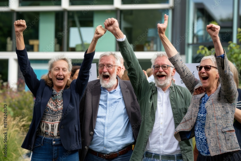 Group of senior friends cheering with arms raised in front of their house Group of senior friends cheering with arms raised in front of their house