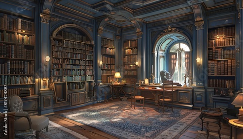 An opulent library with a large wooden desk  a blue oriental rug  and a large window.