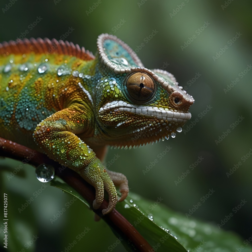 Morning Magic Capturing a Chameleon on Dewy Leaves Morning Magic Capturing a Chameleon on Dewy Leaves