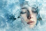 young womans face encased in crystalline ice ethereal frozen concept digital painting