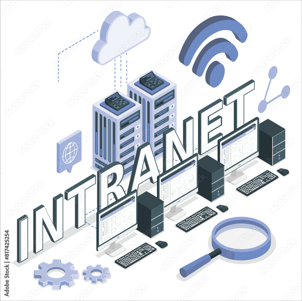Cloud storage communication with computer, laptop, tablet and smartphone in home or work network. Online devices upload, download information, data in database on cloud services. Isometric concept.
