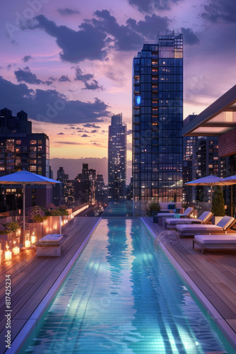 A chic city rooftop pool oasis with lounge chairs  umbrellas  and panoramic skyline views  offering a stylish and luxurious escape from the urban hustle.