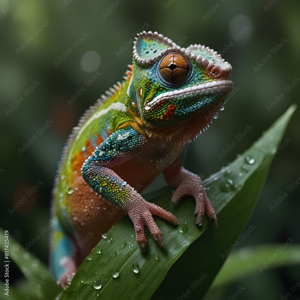 Morning Magic Capturing a Chameleon on Dewy Leaves Morning Magic Capturing a Chameleon on Dewy Leaves