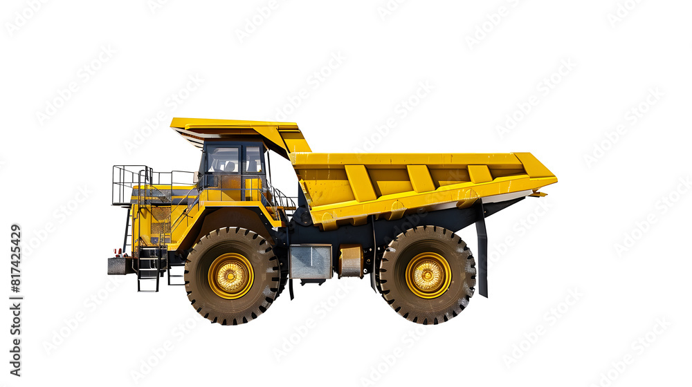 Visualize an image of an isolated yellow dump truck with its shadow cast on a clean white background Visualize an image of an isolated yellow dump truck with its shadow cast on a clean white background