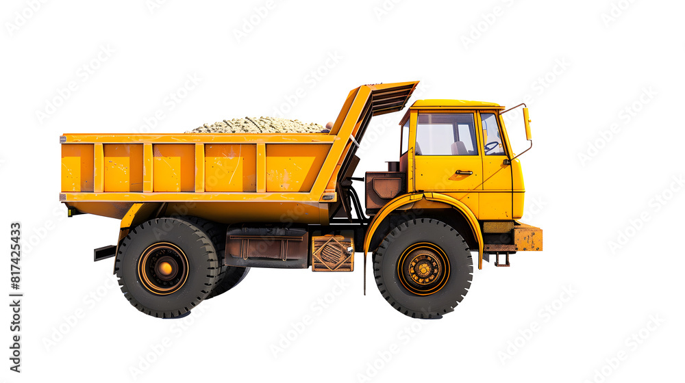 Visualize an image of an isolated yellow dump truck with its shadow cast on a clean white background