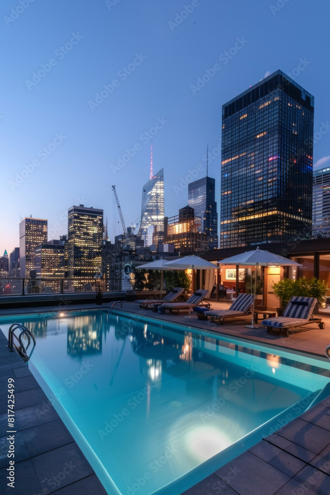 Fototapeta premium A chic city rooftop pool oasis with lounge chairs, umbrellas, and panoramic skyline views, offering a stylish and luxurious escape from the urban hustle.