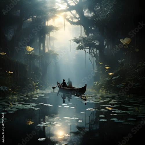 Vector illustration of man in boat on river with trees