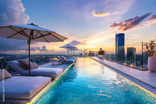 A chic city rooftop pool oasis with lounge chairs  umbrellas  and panoramic skyline views  offering a stylish and luxurious escape from the urban hustle.