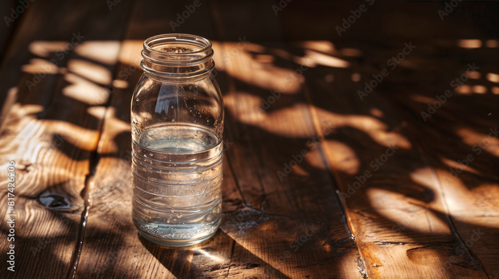 A glass jar filled with water sits on a wooden table A glass jar filled with water sits on a wooden table