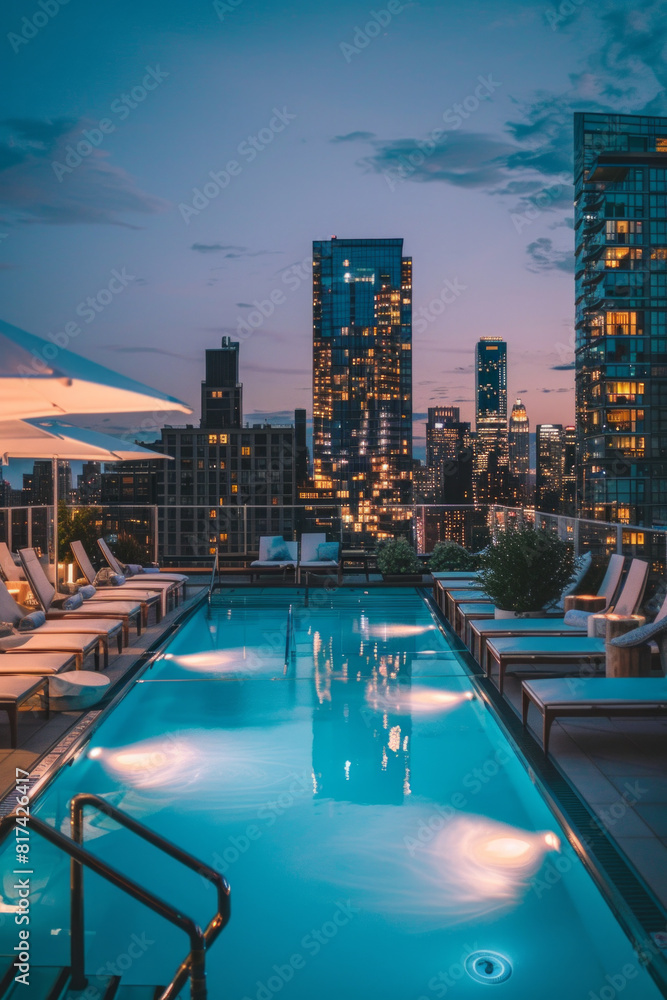 A chic city rooftop pool oasis with lounge chairs, umbrellas, and panoramic skyline views, offering a stylish and luxurious escape from the urban hustle. A chic city rooftop pool oasis with lounge chairs, umbrellas, and panoramic skyline views, offering a stylish and luxurious escape from the urban hustle.