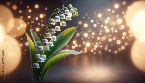 Lily of the valley, bokeh lights background, space for text.