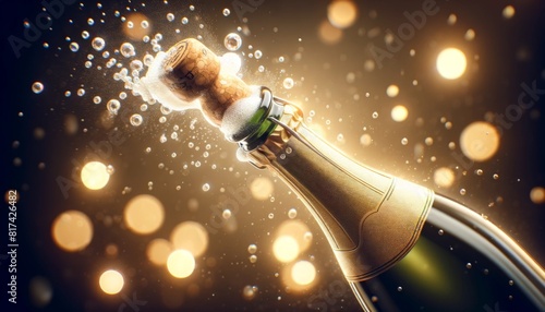 Bottle of champagne being opened along the edge with soft-focus bokeh lights in the background. © Rocher