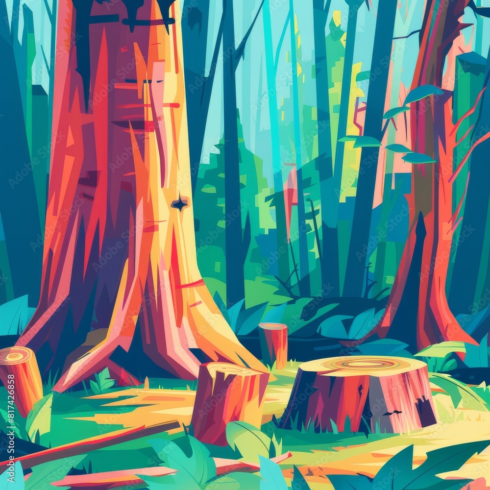 Axed tree and stumps in a cartoon forest, vibrant and bold, flat style ...