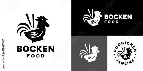 Vector design template of rooster logo combined with a bowl. Food, restaurants, ramen, animals. Icon symbol EPS 10.